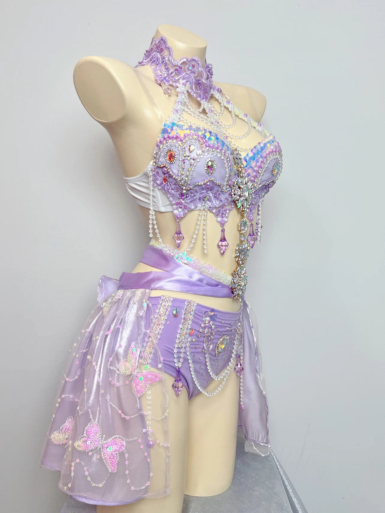 Purple Crystal Bikini Sexy Pole Dance Costume Clubwear Nightclub Gogo Dancer Performance Outfit Belly Dance Clothing