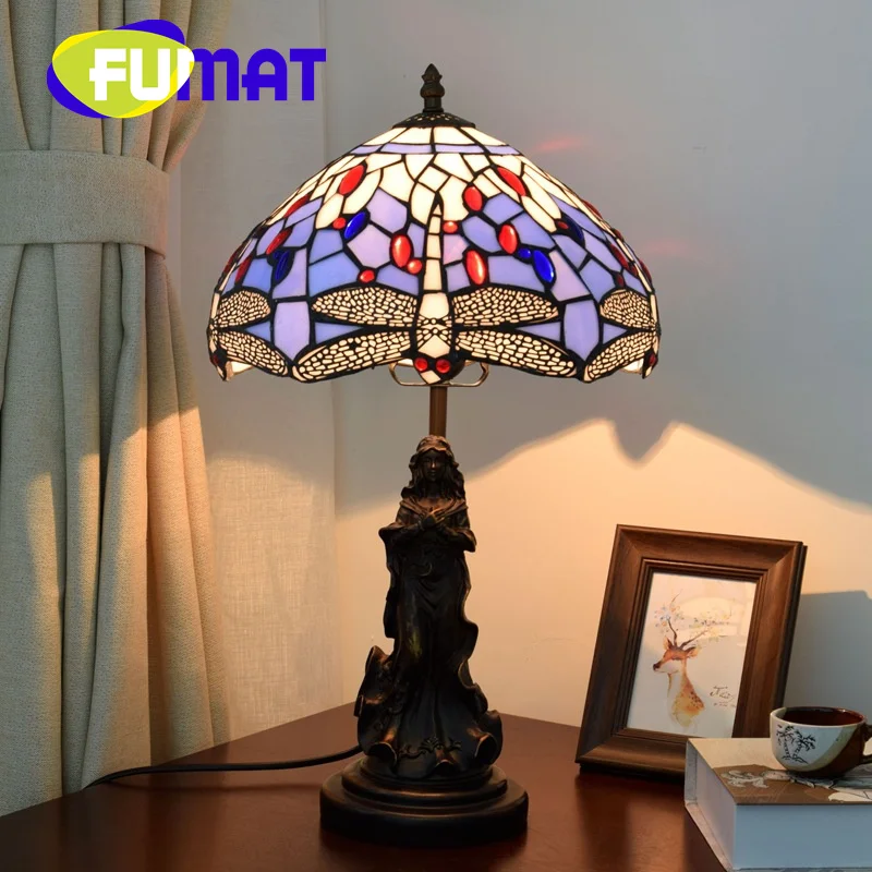 FUMAT Tiffany Mediterranean-style blue Dragonfly stained glass table lamp Art Deco Dining Room Desk bedroom Bedside nightlight