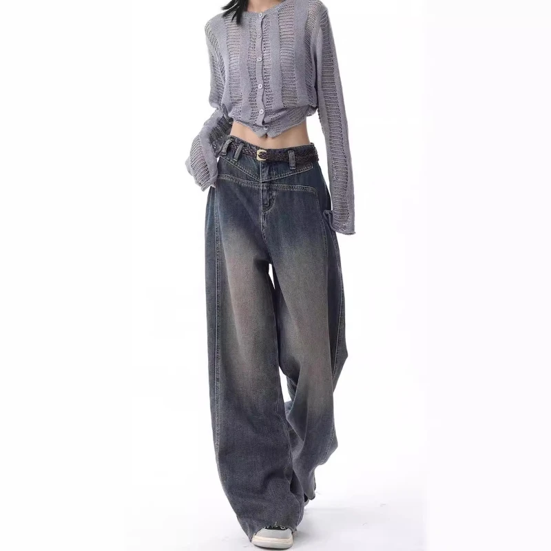 MODX Early autumn new washed vintage fringed denim jeans with women's retro design and wide leg pants