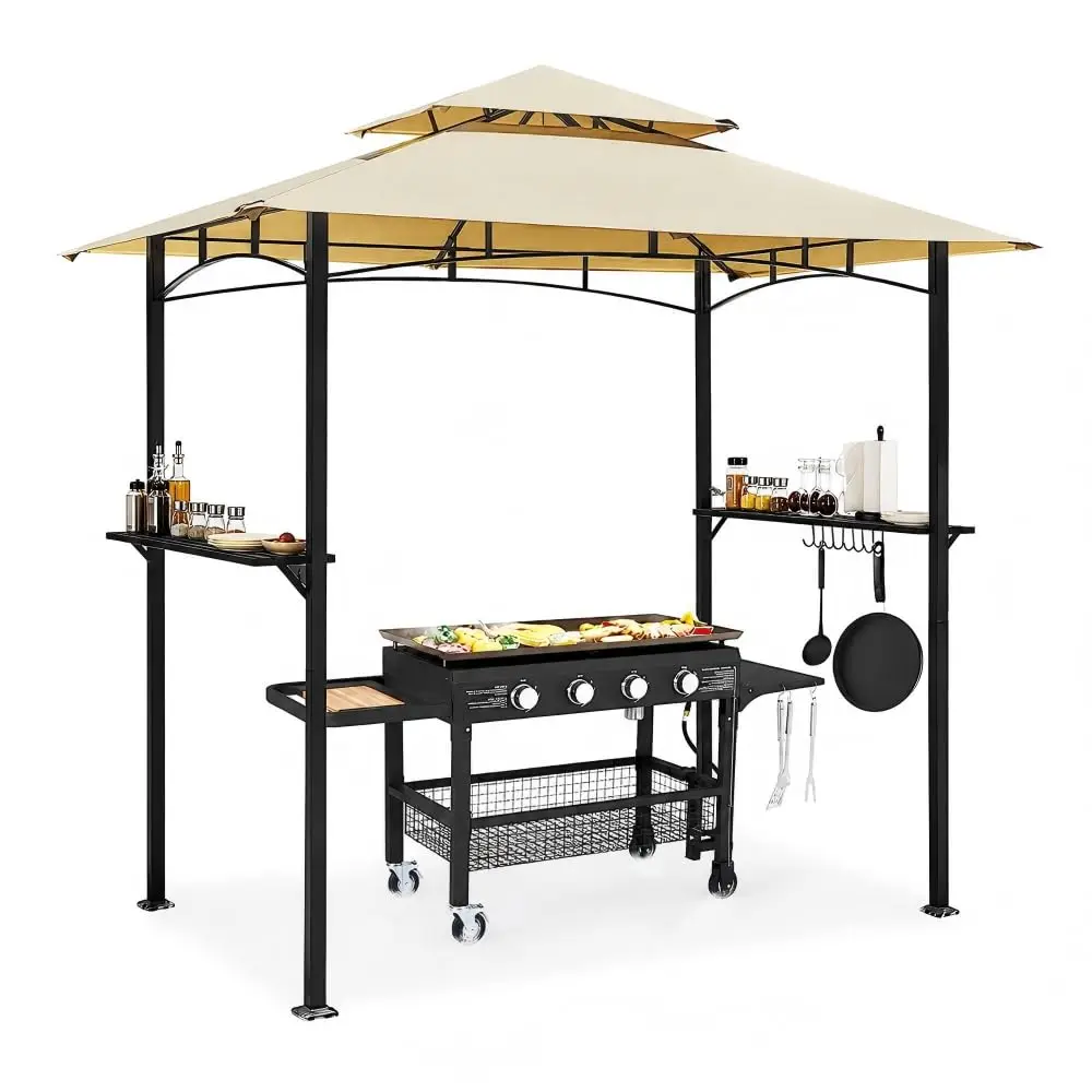 8'x5' Outdoor Grill Gazebo Canopy, 2-Tier BBQ Shelter for Patio & Backyard, Beige, Customized