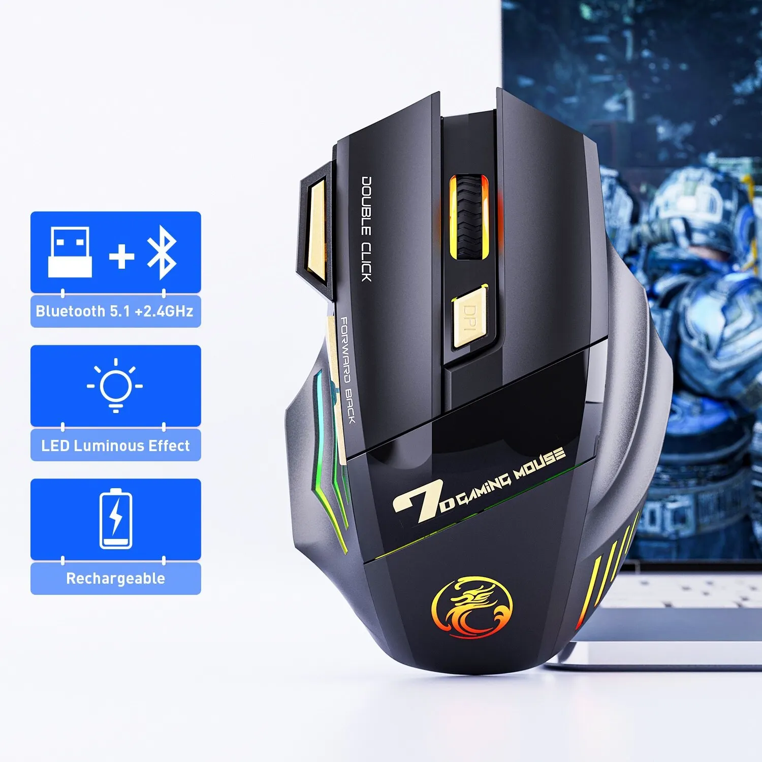 Other Drahtlose Gaming-Maus USB Imice GW-X7 3200dpi Dual-Modus wiederauf ladbare 7 Tasten 2,4 ghz Silent Maus Bluetooth 7-Farben-LED 7