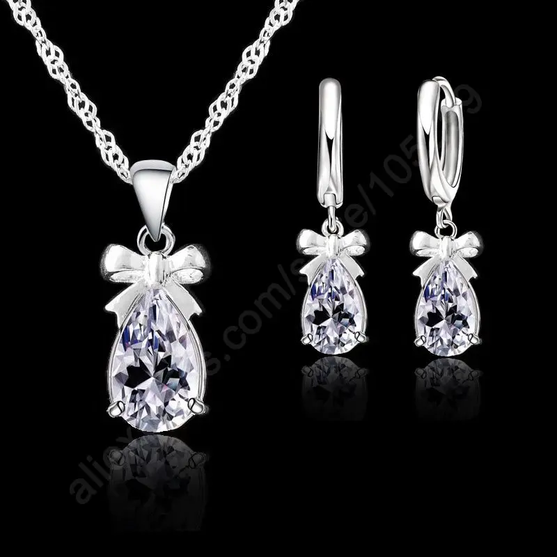 Hot Sale 925 Real Sterling Silver White Stone Cubic Zirconia Dangle Earring Pendant Necklace Woman Jewelry Sets