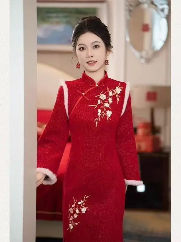 

Red New Chinese Sle Wedding Dr Long Sve Mid-Length Gown for Wedding Receptions And New Year Visits