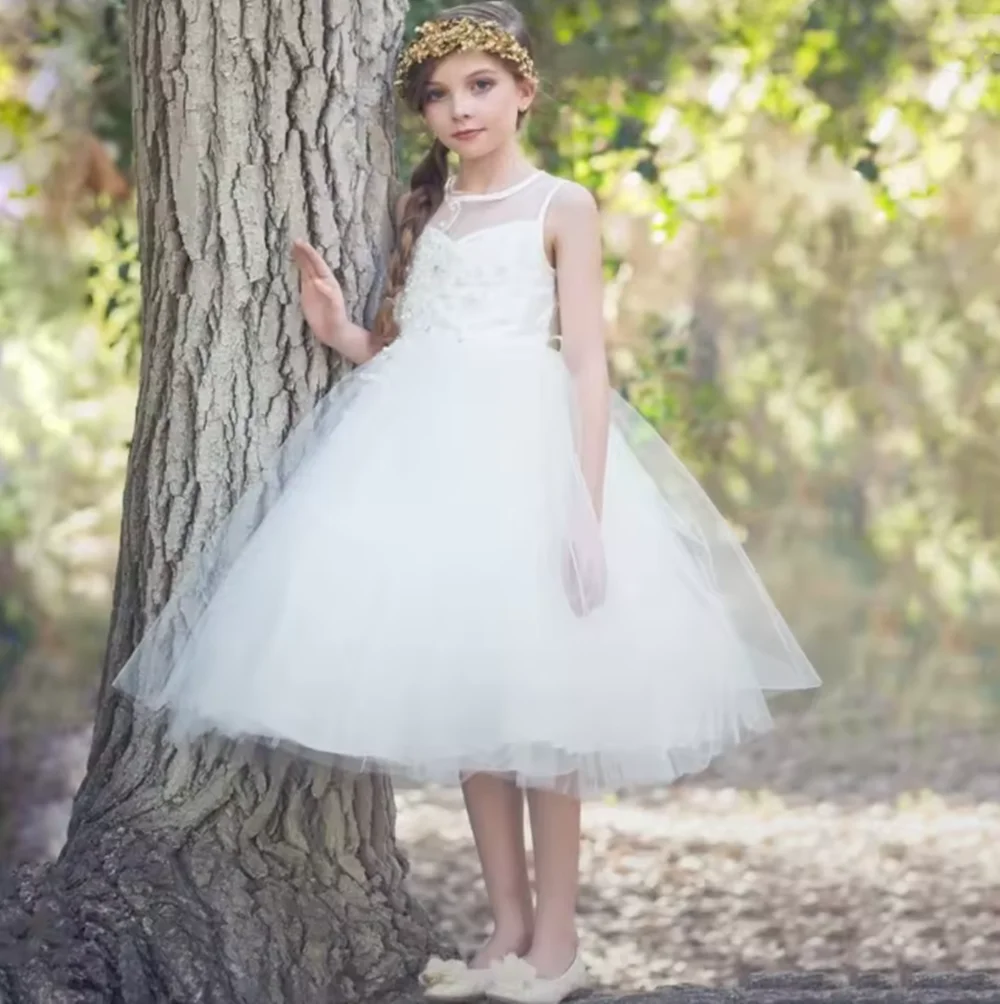 

Customized Ivory Flower Girl Dress Tulle Pearls Floral Appliques Sleeveless For Wedding Birthday Party Prom Holy Communion Gown