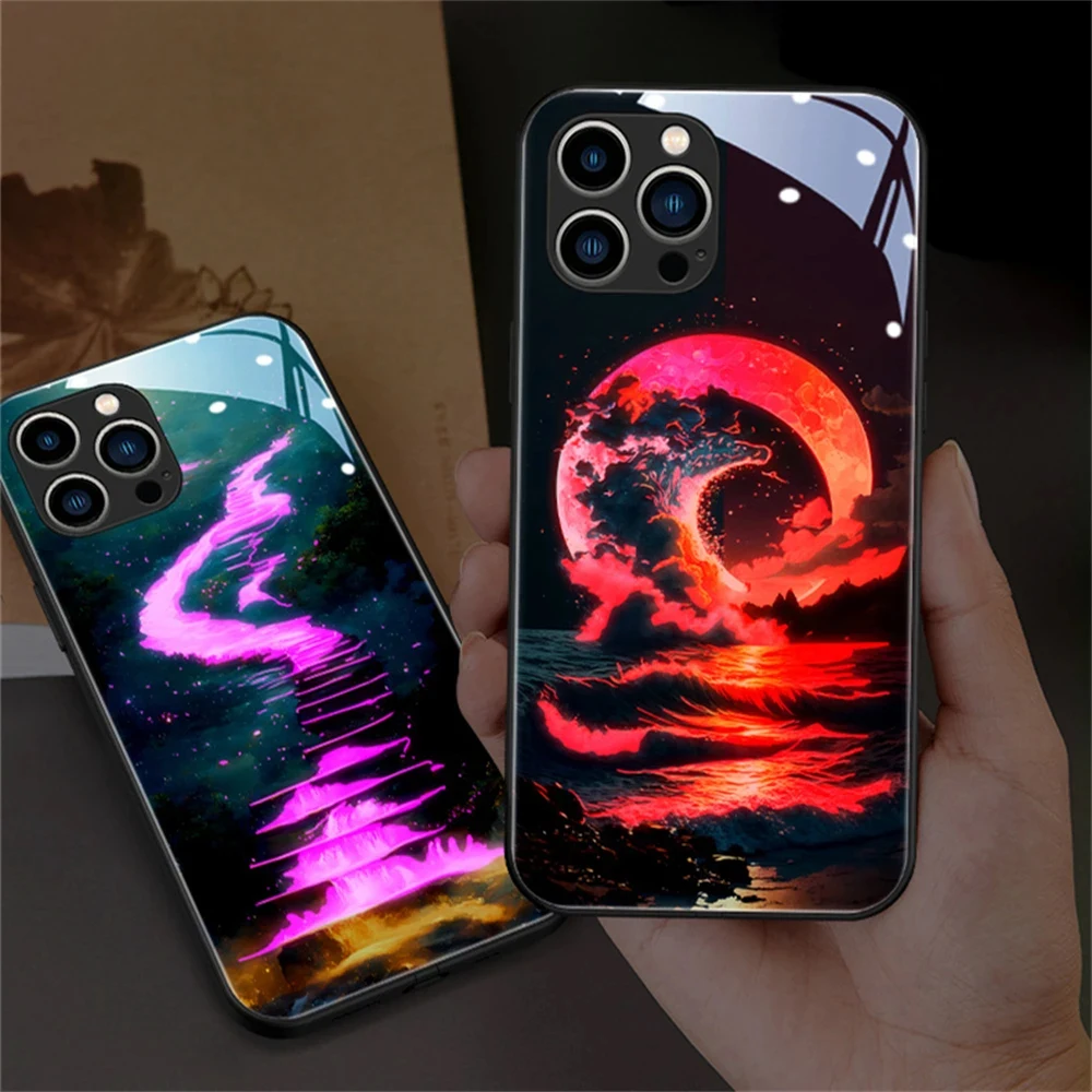 

Pretty Landscape LED Light Glowing Luminous Glass Back Phone Case For Samsung S24 S22 S23 Note10 20 A14 A54 A73 Plus Ultra Cover