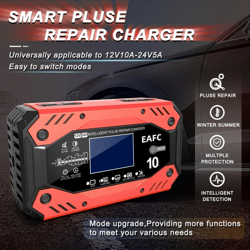 Полностью автоматическое зарядное устройство для автомобильного аккумулятора EAFC 12 В 10 А, Многоуровневое защитное зарядное устройство для автомобильного аккумулятора с импульсным восстановлением и ЖК-дисплеем