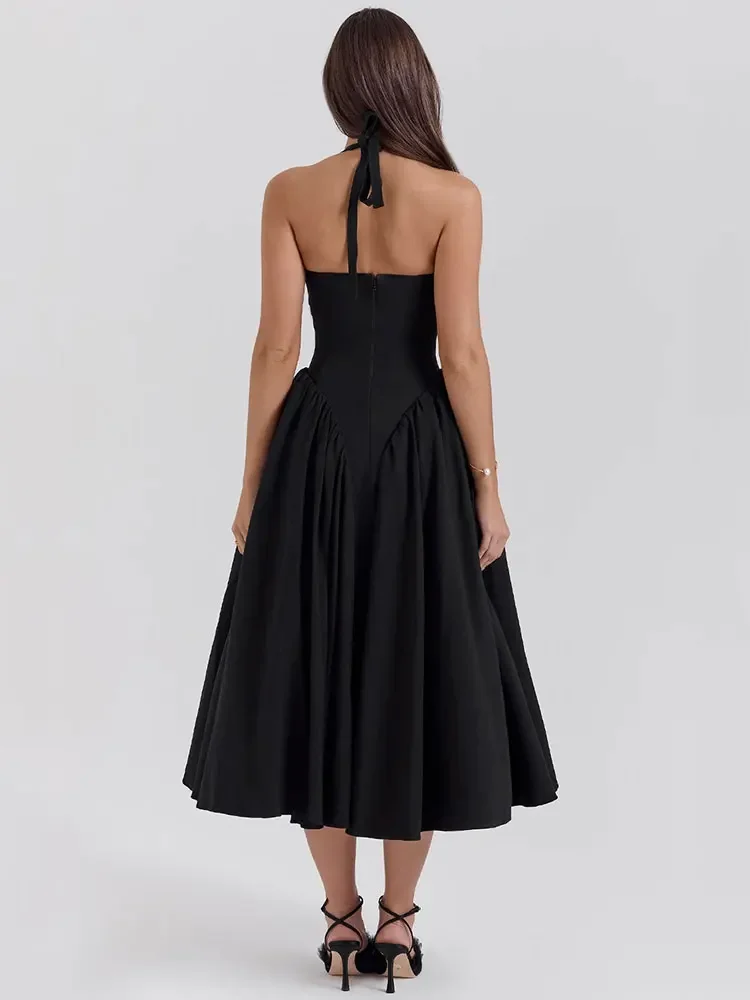 2025 nova dupla camada halter sexy midi vestido longo para as mulheres verão elegante plissado sem costas clube festa vestido de noite