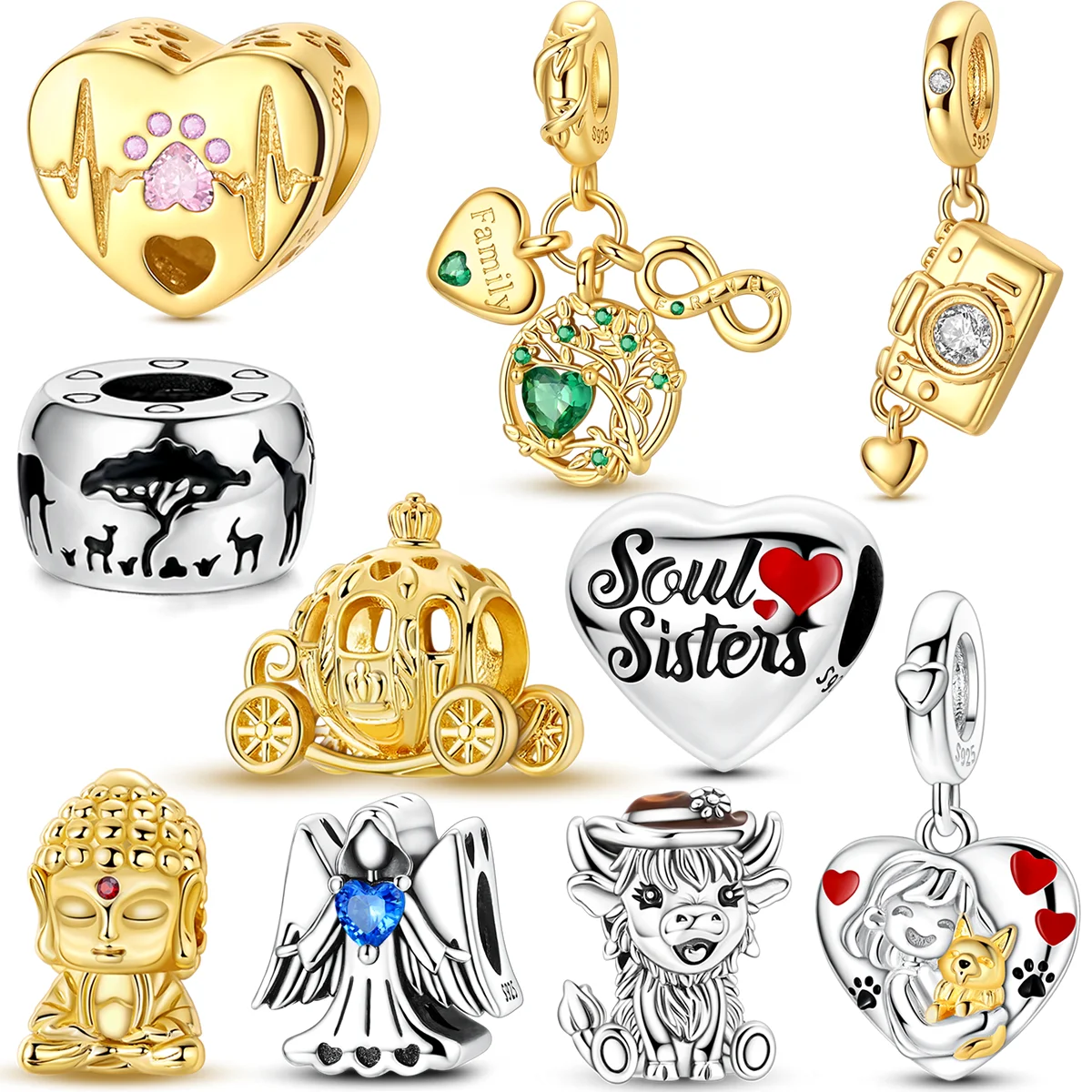 Golden Buddha Charms Bead 925 Sterling Silver Little Cowboy Love Heart Pendants Fit Original Bracelet DIY Marking Jewelry Gift