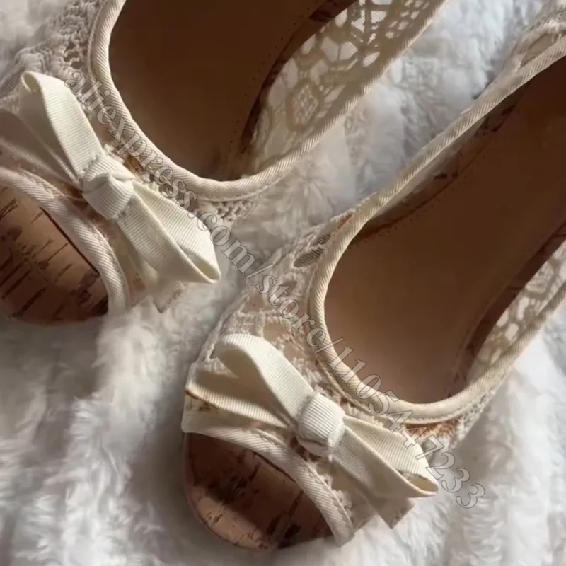 Women White Lace Wedge Pumps Crochet Hollow Out Closed Toe Bowknot Cork Sole Espadrille Heels Boho Bridal Summer Party Shoes