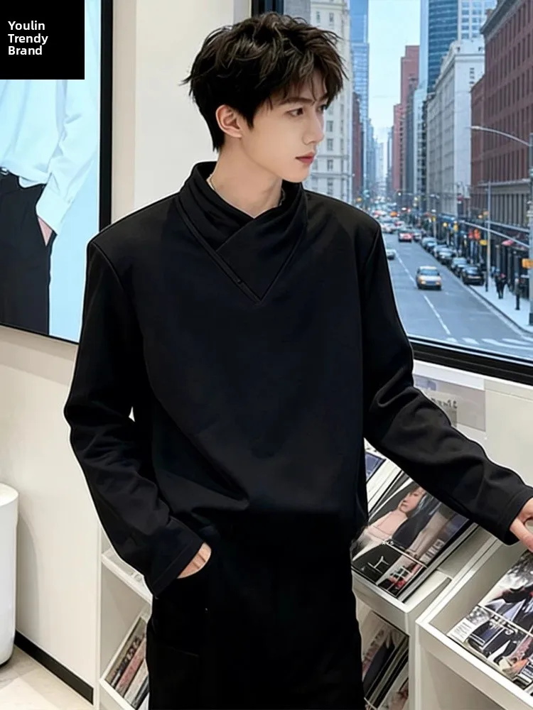 

Мужская толстовка с высоким воротником и подплечниками, с длинным рукавом, для ношения под одеждой, в американском стиле, из хлопка и полиэстера, повседневная одежда