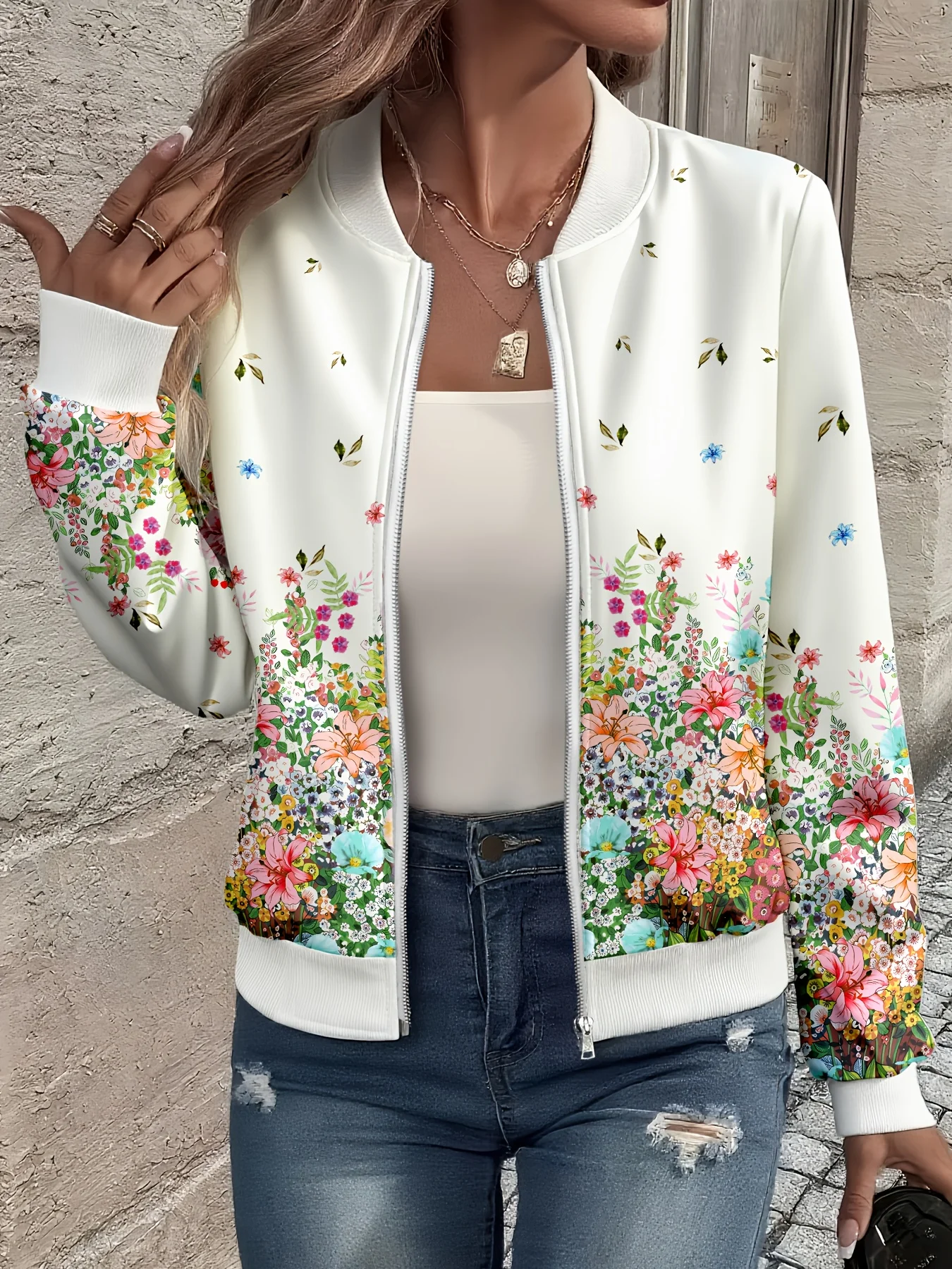 

Women's Floral Print Coats Jacket,Light Zipper Front, Elegant Long Sleeve Design, Perfect for Casual Commuting and Daily Wear