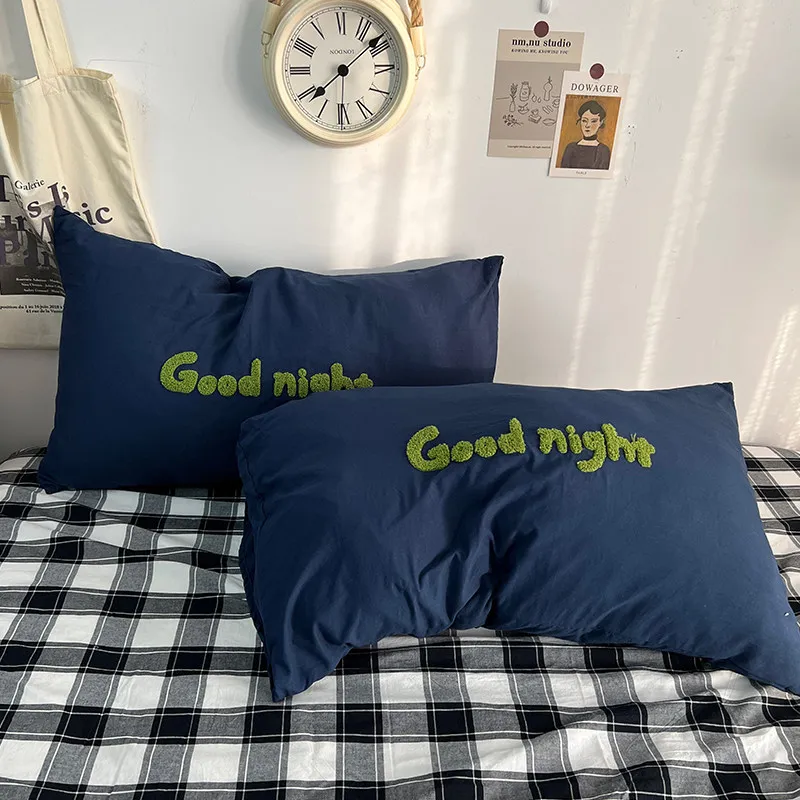 Nordic Style Good Night Towel Embroidery Pillowcase 48x74cm Washed Cotton Pillow Cover Envelope Soft Bedding Pillow Cases
