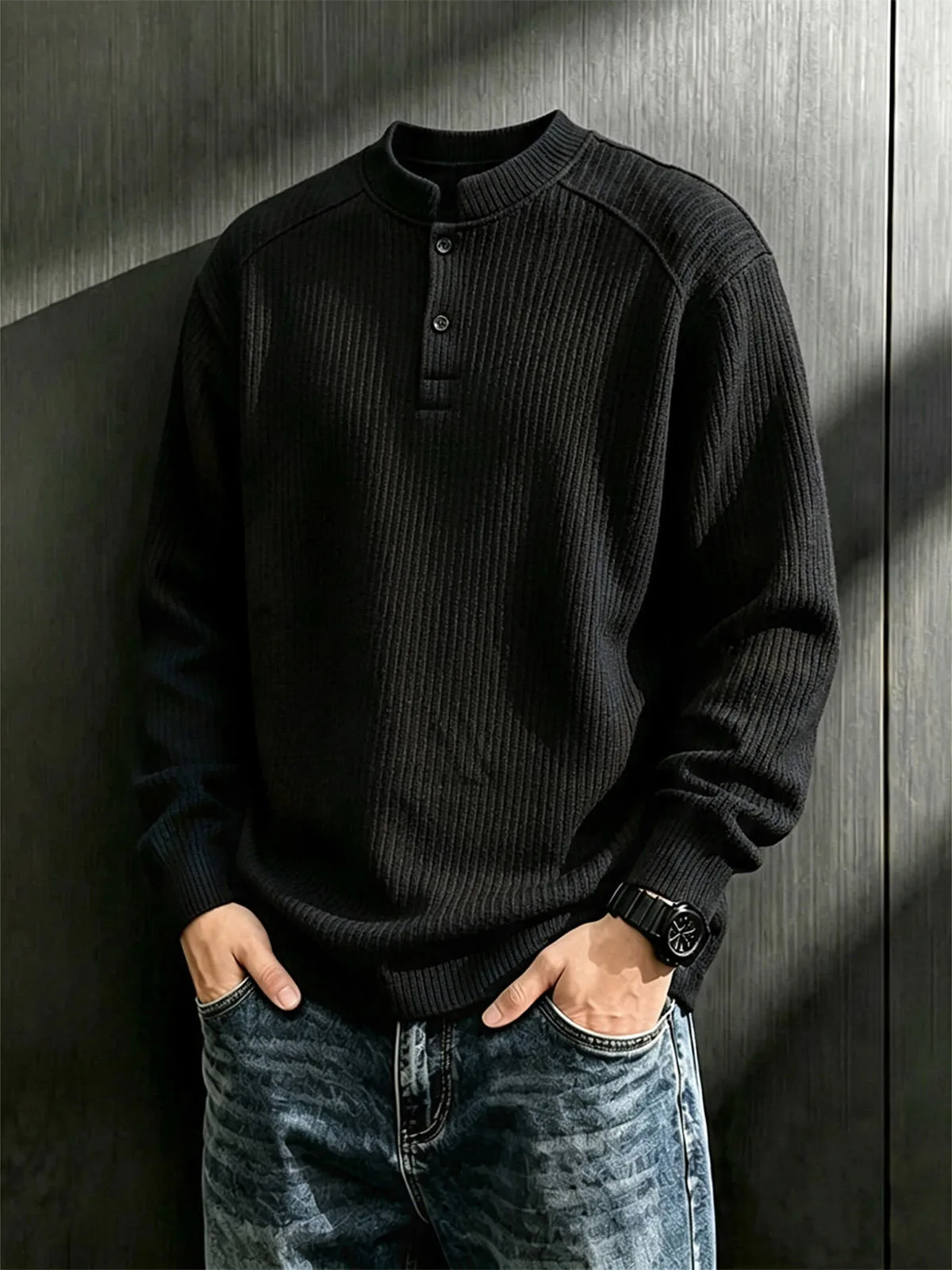 White Texture Henry Collar Long Sleeve T-Shirt Men's Base Shirt Inner Wear Deconstructed Splicing Shoulder Fit Youth Fashion