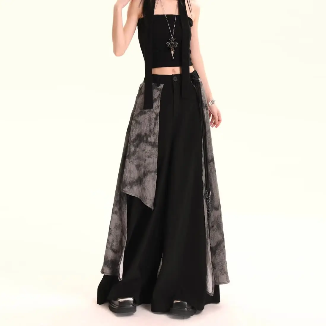 Spliced Irregular Skirt Pants for Women Chinese Style Spring New Style Designer Loose Wide-leg Pants Streetwear Clothing Female