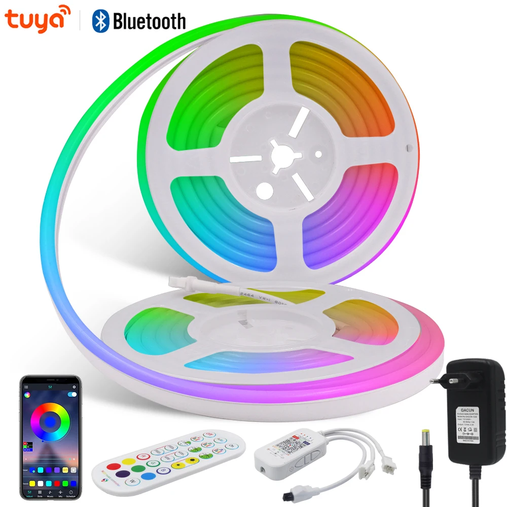 Tuya Neon LED Strip Lights 12V WS2811 LED Tape 60LEDs/m Silicone Neon Rope RGBIC LED Strip WiFi Bluetooth Controller Power Kit