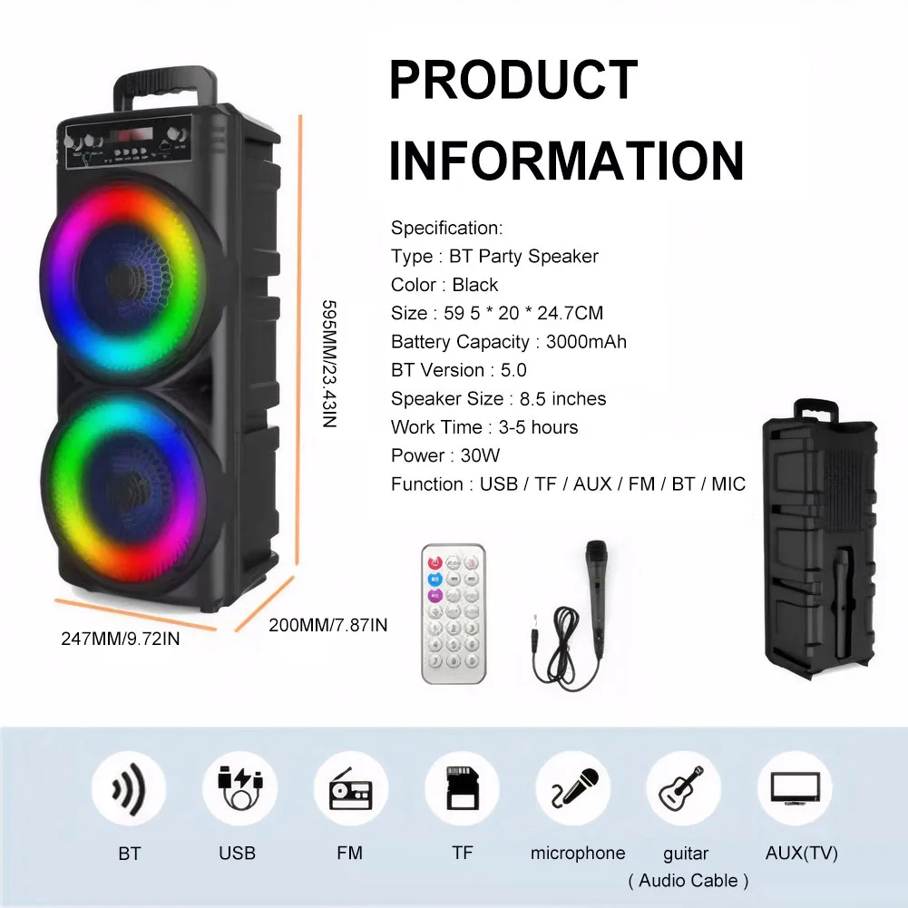 Głośnik Boombox na imprezy plenerowe z funkcją mówienia, kompatybilny z Bluetooth, głośnik zewnętrzny z podwójnym subwooferem, głęboki bas, synchronizacja muzyki z oświetleniem RGB.