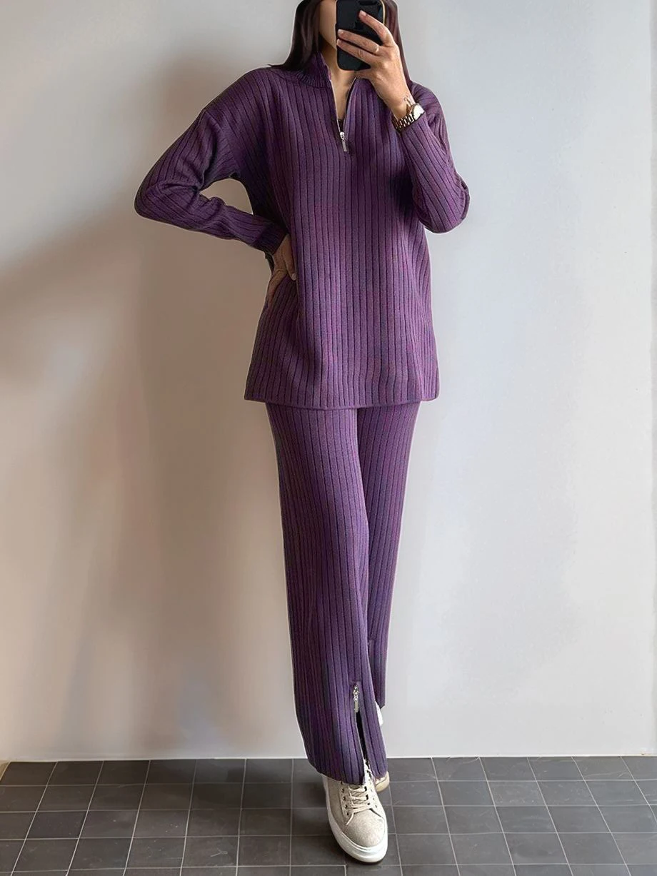 Damen Einfarbiges Strick-Set mit Reißverschluss und Hohem Kragen Herbst Winter Homewear Europäisch-Amerikanischer Stil 2025 Grenzüberschreitende Mode