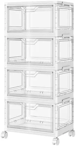 

SNSLXH 24QT Portable Storage Bins with Lid & Wheels – Stackable 4-Tier Clear Bins with Magnetic Doors