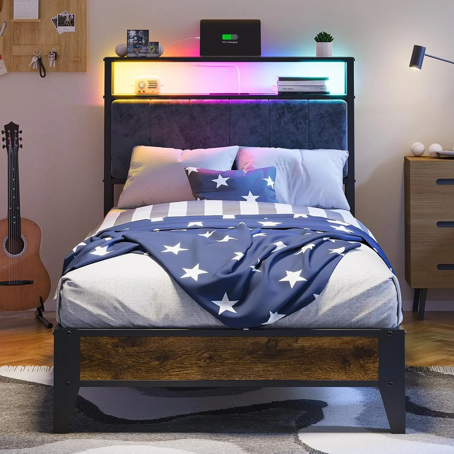 

Twin Bed Frame with LED Light Storage Headboard and Charging Station Type C, Metal Platform Bed Twin Size,No Box Spring Needed,