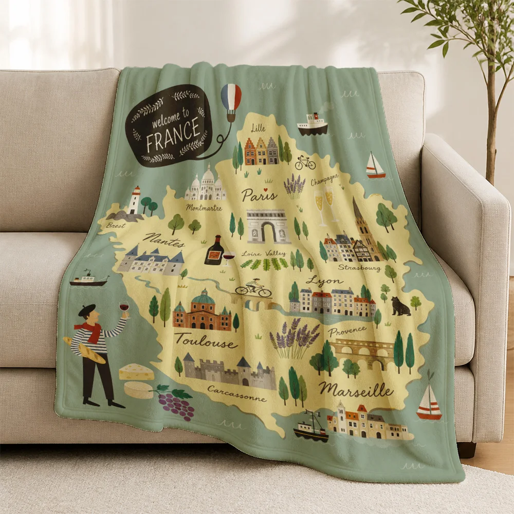 Vintage France Map Throw Blanket for Sofa Home Decor Parisian French Country Style Cozy European Travel Gift Idea