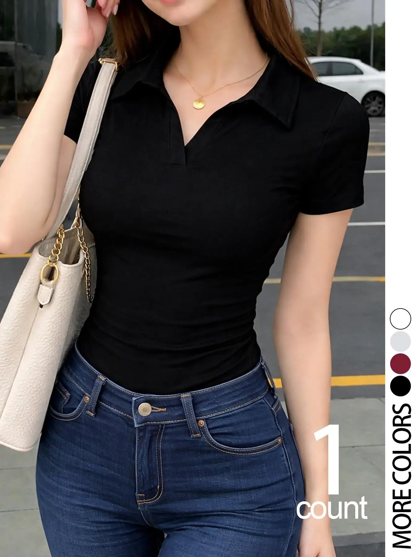 Women's Casual Slim Fit Polo Neck Short Sleeve Top, Comfortable Soft Fabric, Ideal for Outdoor, Shopping, Friends Gatherings, Tr