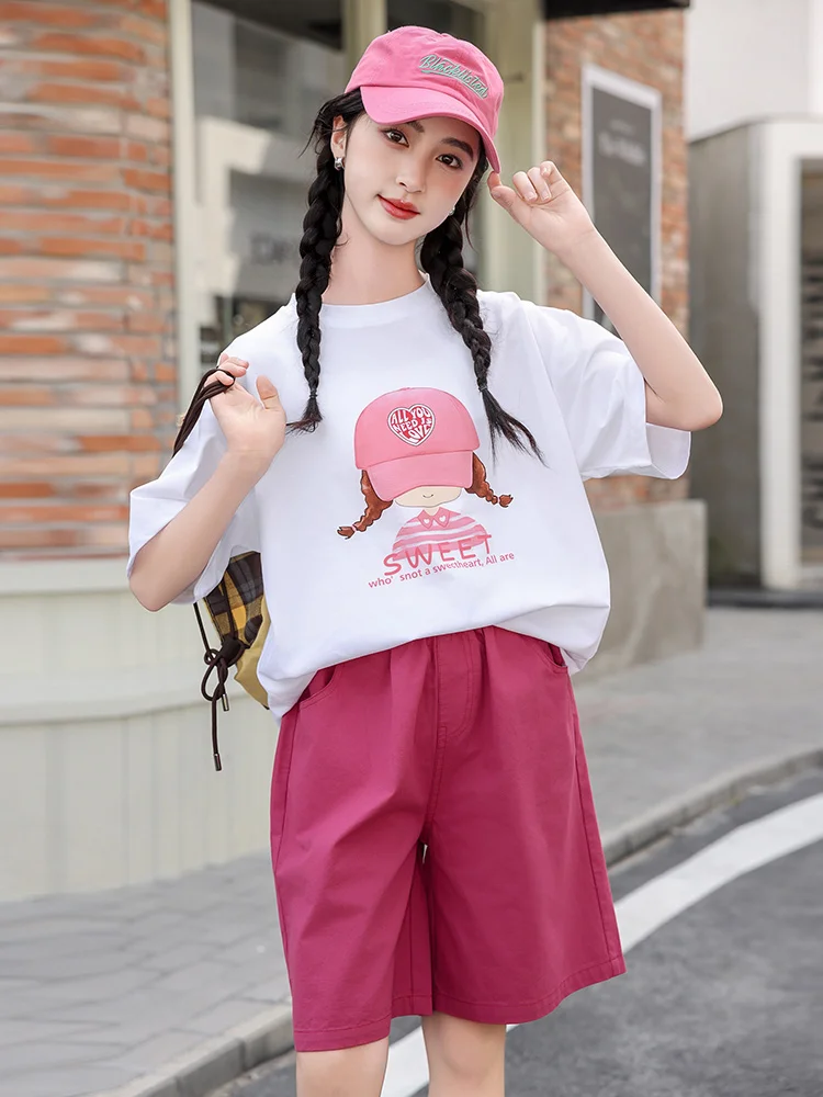 girls-summer-short-sleeve-shorts-set-children's-clothing-two-piece-suit-lightweight-breathable-cool-feeling-cotton-polyester