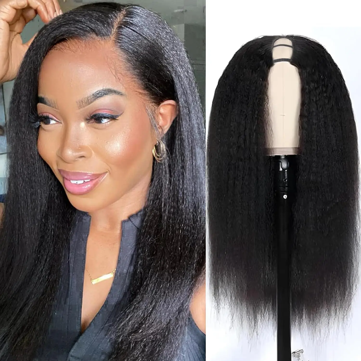 

Парик U-образной формы с прямыми волосами Kinky Straight, парики U-образной формы Yaki Straight для женщин, для повседневного использования, без клея, полностью машинного изготовления, синтетические парики