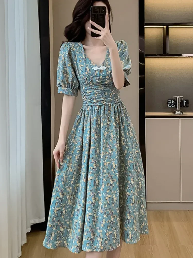 

Chinese Style Elegant Dresses for Women Floral Print Midi Dress High Waist Puff Sleeve V-neck Casual Vintage One Piece Vestido