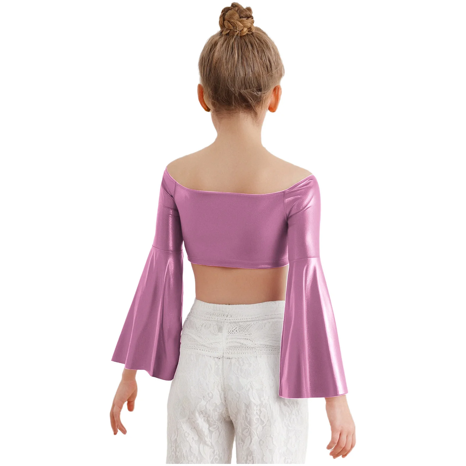 Girls Jazz Hip Hop Dance Crop Top Long Flared Sleeve Off-Shoulder Metallic T Shirt for School Party Cheerleading Performance