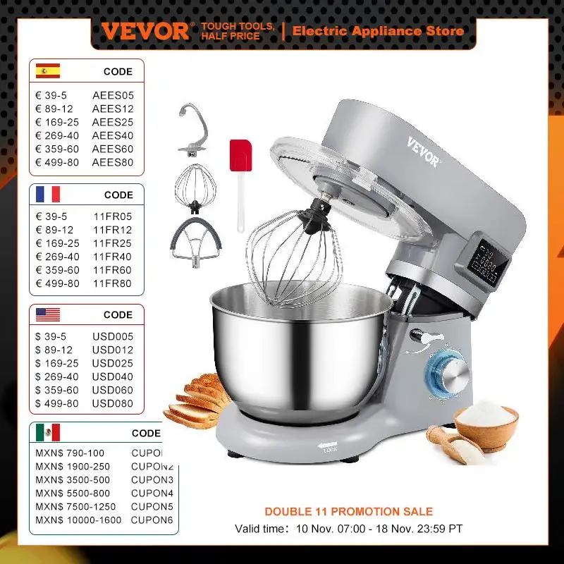 

VEVOR 5,5/7L Электрический стоячий Миксер с 6 скоростями, ЖК-экран, миксер для продуктов, взбиватель крема, яиц, венчик, тестомеситель со стальной чашей