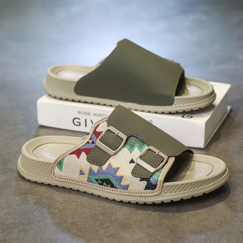 Sandalias de Verano para Hombre, Pantuflas Casuales de Cuero para Exteriores, Sandalias de Suela Gruesa de Una Sola Tira, Zapatos de Playa