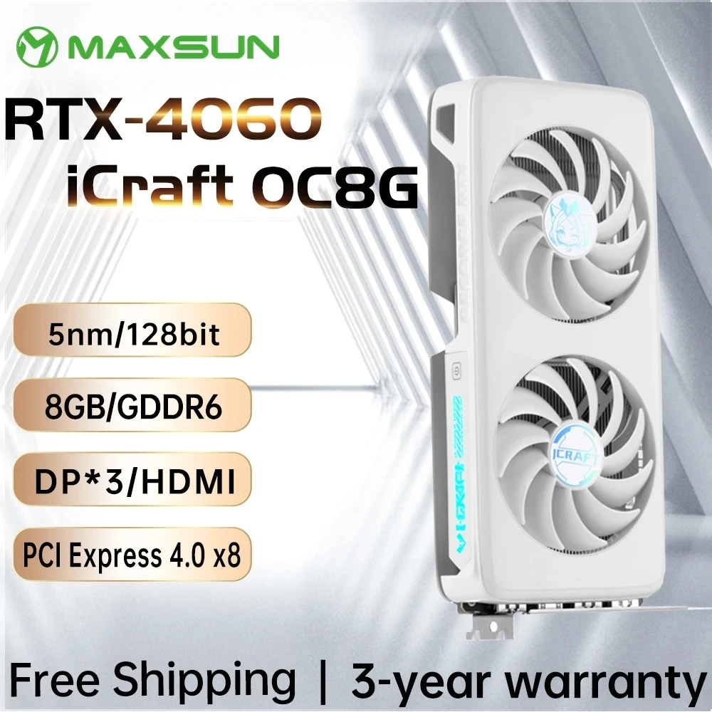 MAXSUN Graphics Cards RTX 4060 iCraft OC8G GDDR6 GPU 128bit PCI Express 4.0 x8 Gaming Video Card Desktop Computer components