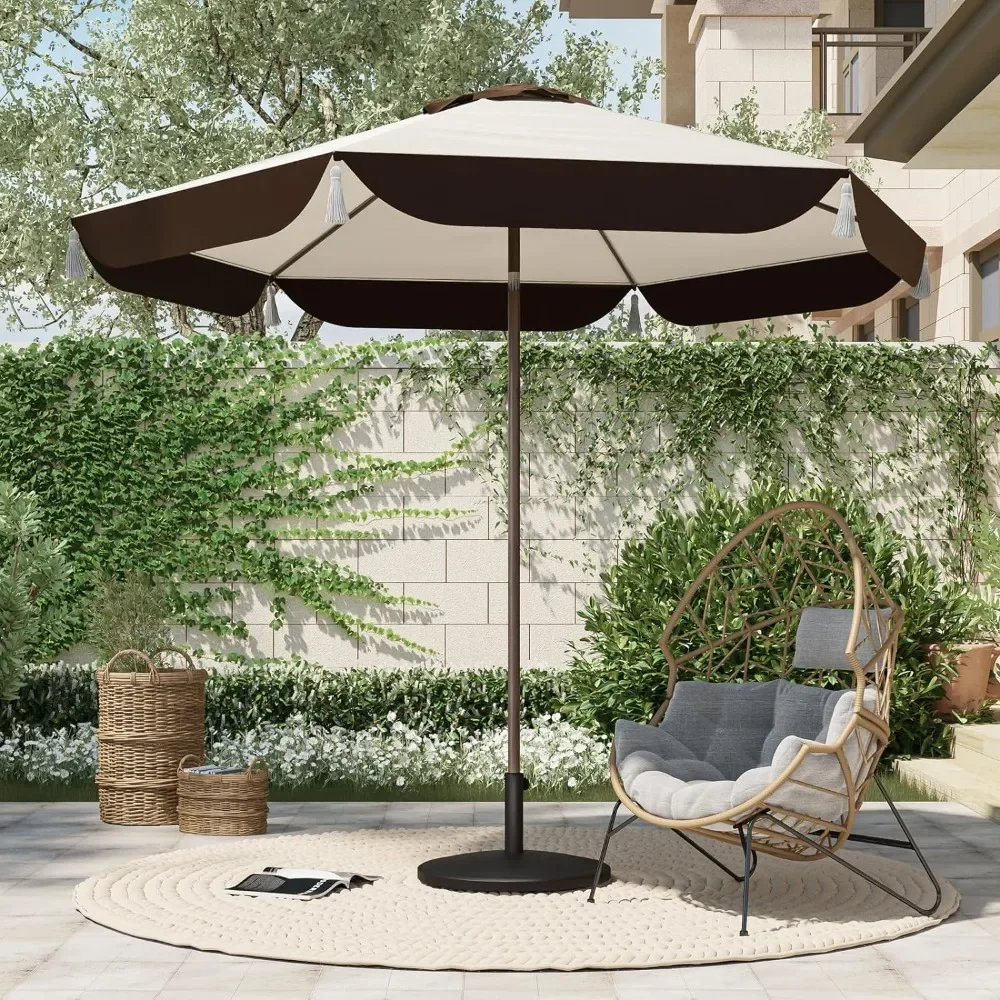 9FT Patio Umbrella with Fringe, Outdoor Tassel Umbrella with Push-Button Tilt for Poolside, Deck, Garden, Beige and Coffee