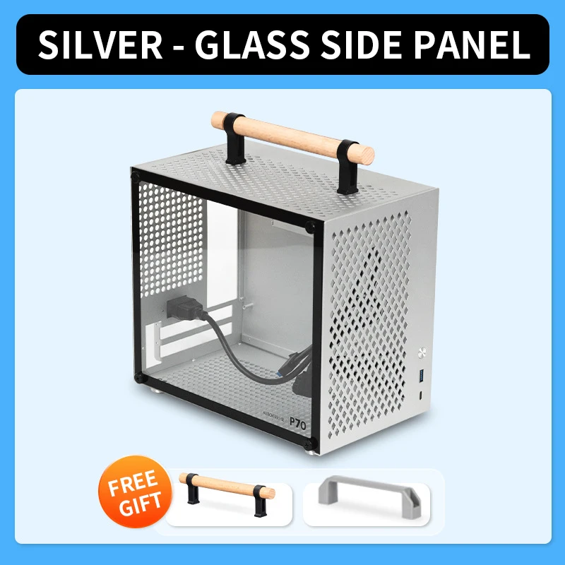 P70 حافظة كمبيوتر صغيرة من الألومنيوم بالكامل مدمجة محمولة A4 لسطح المكتب SFX ITX حافظة كمبيوتر صغيرة التوصيل المباشر ITX حافظة صغيرة لوحة جانبية زجاجية