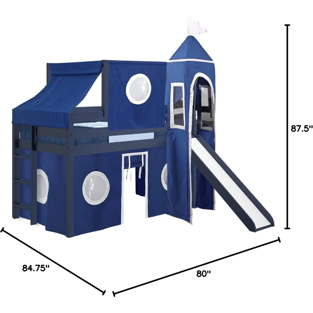 Castle Low Floor Attic Bed with Slide, Blue and White Tent and Tower, Double Bed, Blue