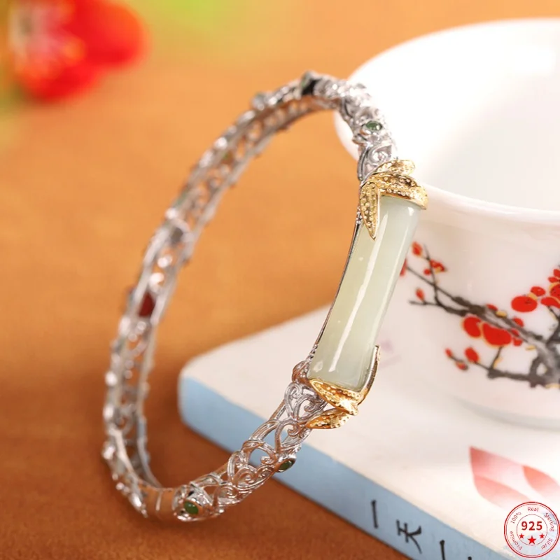 S925 Sterling Silver Bracelets for Women New Fashion Contrast Colored Hollow Bamboo Joint Inlaid Jade Agate Bangle Wholesale