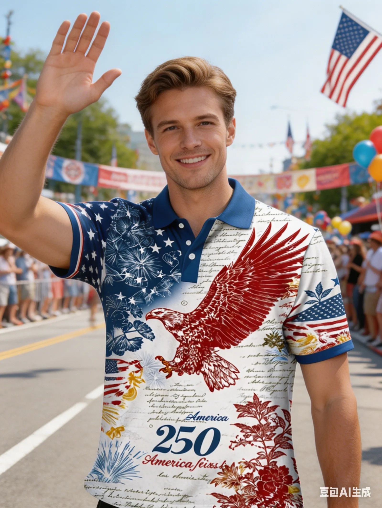 

Men's USA 250th Anniversary Polo Shirt 3D Print Vintage Red Eagle Floral Handwritten Patriotic Short Sleeve Top