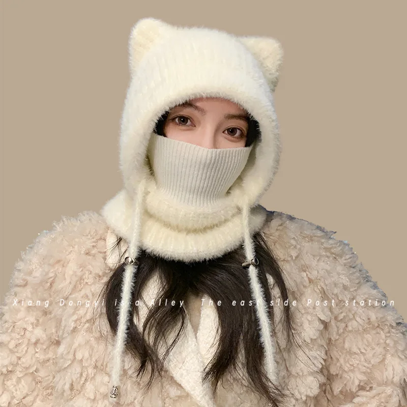 Knit Cartoon Head Cover with Ear for Outdoor Sports Knit Hat with Ear Oversized Headgear Hat for Winter