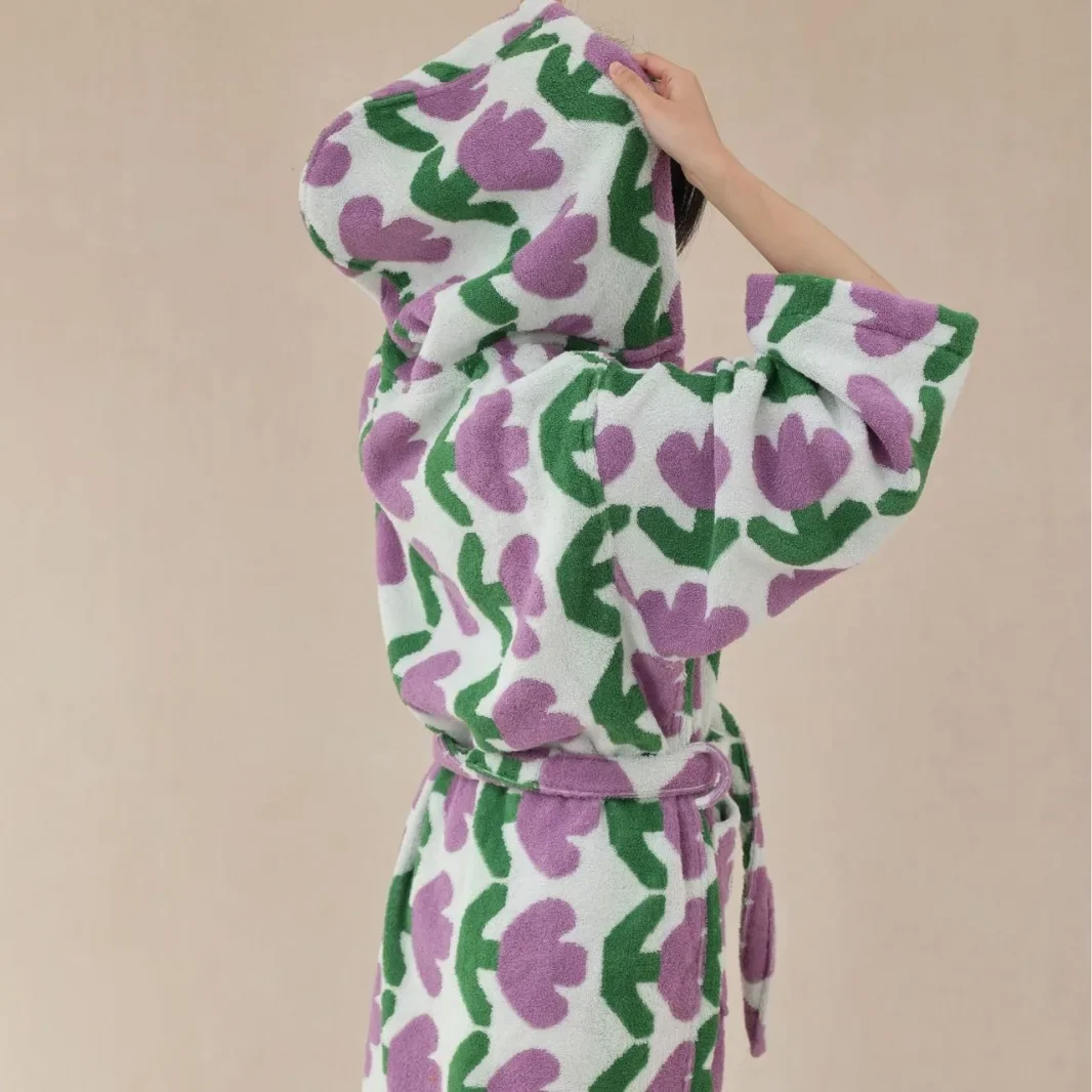 Asciugamano in spugna Kimono lungo accappatoio addensare abito con cappuccio in cotone a fiocco lungo stampa tulipani indumenti da notte donna