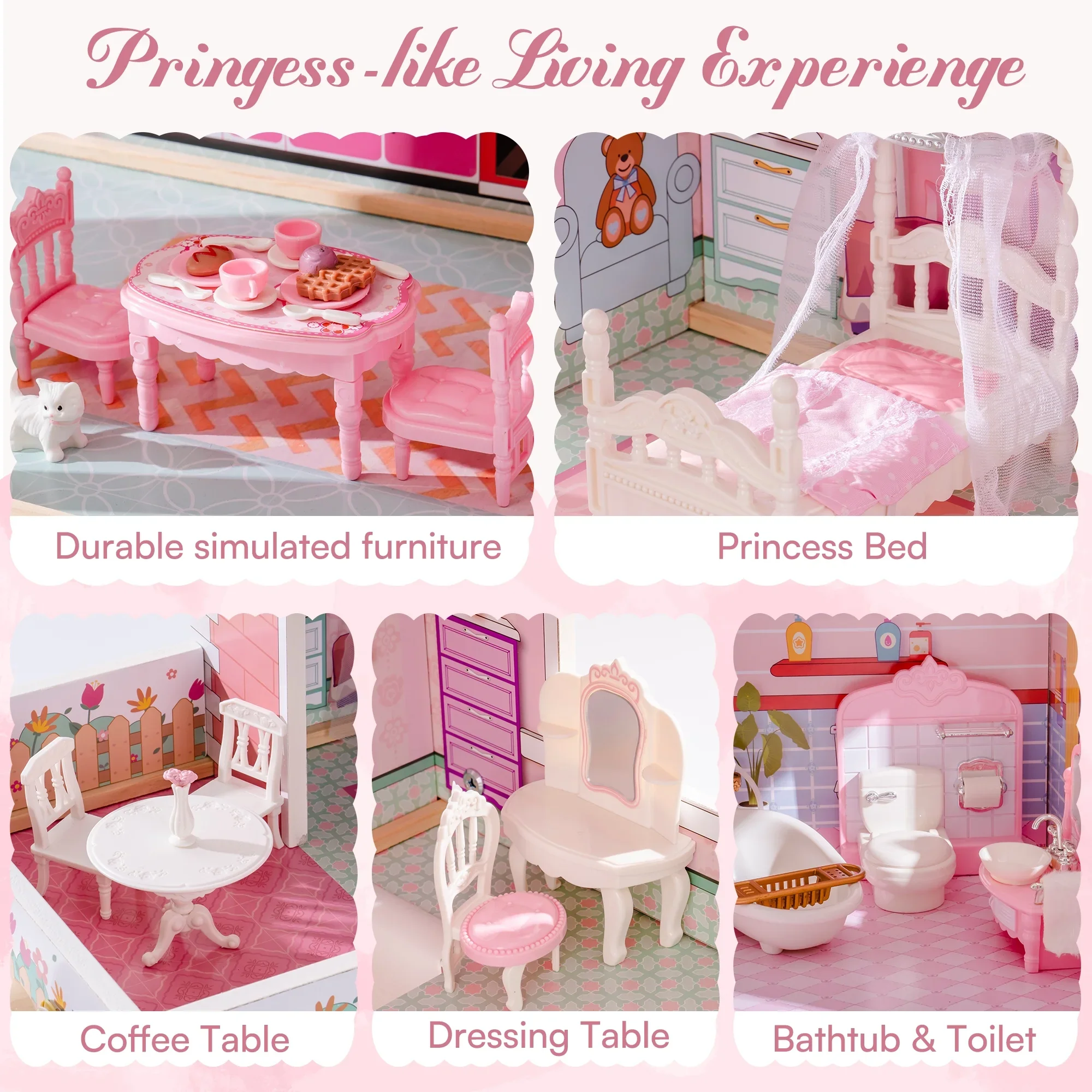 Robud Wooden Dollhouse with 20pcs Furniture 3-Storey Preschool Toy Dollhouse for Kids Girls 23.4"X12"X32" Pink