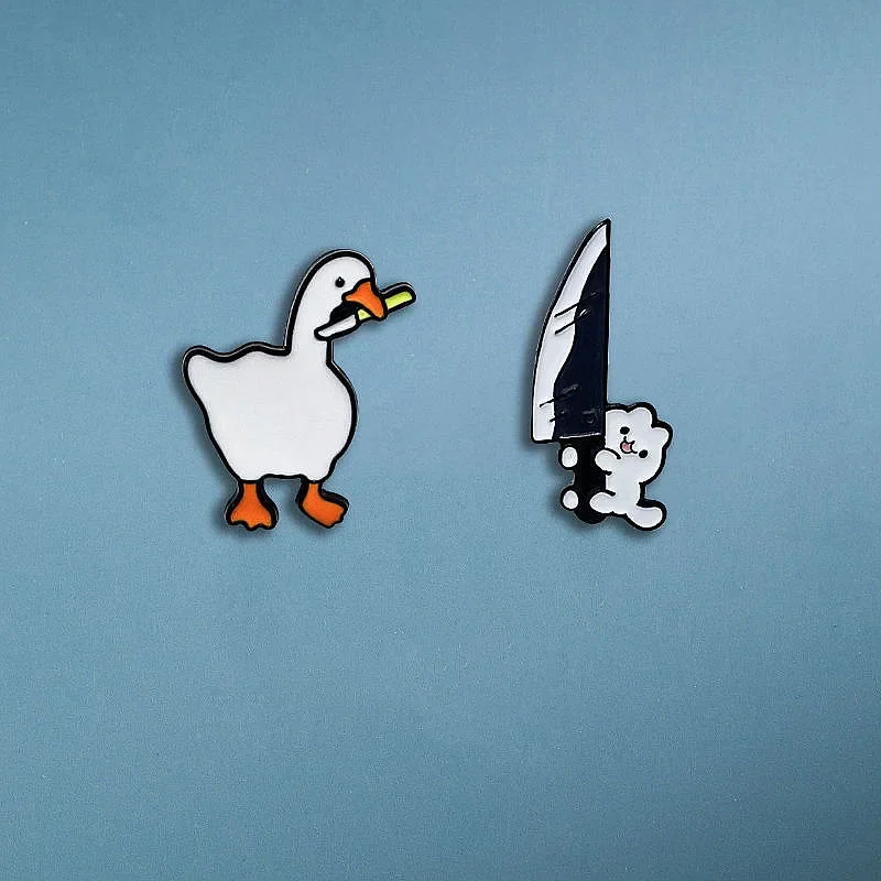 Cartoon Cute Goose Cat Holding A Knife Brooch Creative Personality Badge for Backpack Clothes Lapel Pins Accessories Gifts