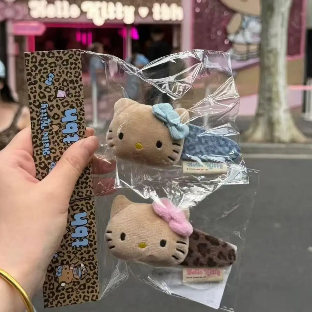 

Sanrio Hello Kitty, леопардовая заколка для волос, милая мультяшная мягкая кукла, заколка с боковой челкой, головной убор, заколка для волос, милые украшения для волос для девочек
