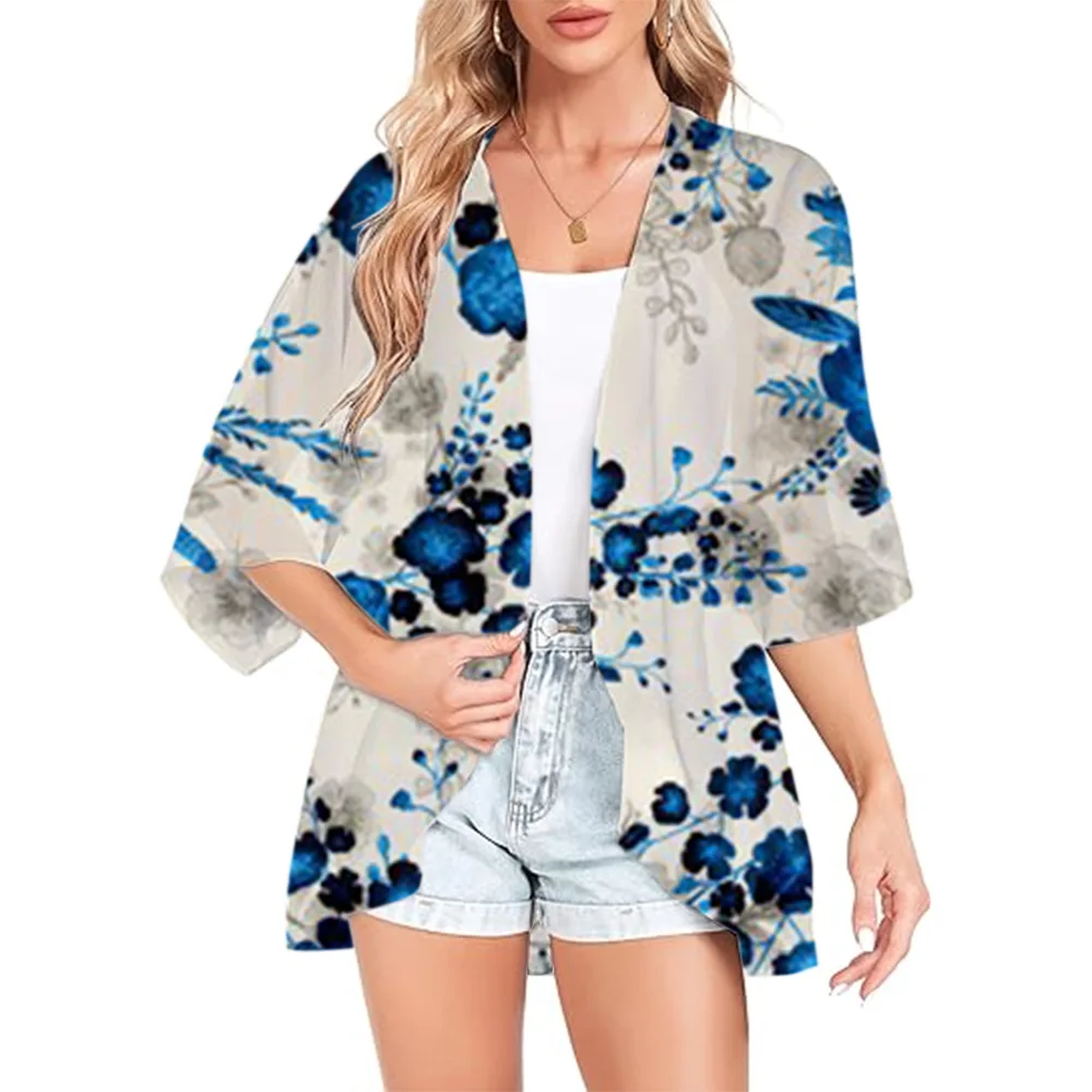 Women's Beach Kimono Ink Floral Printed Swimsuit Cover Up Dress Jacket Beach Swimsuit Summer Chiffon Cardigan Top Blouse Shirt