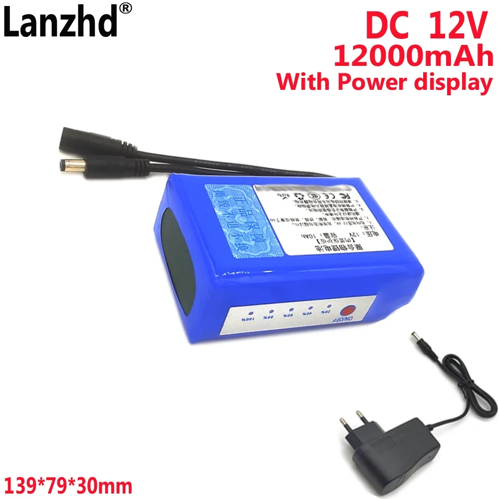 10Ah Li Battery pack DC 12V with light For LED light strip instrument Monitoring equipment Speaker outdoor night 139*77*38mm