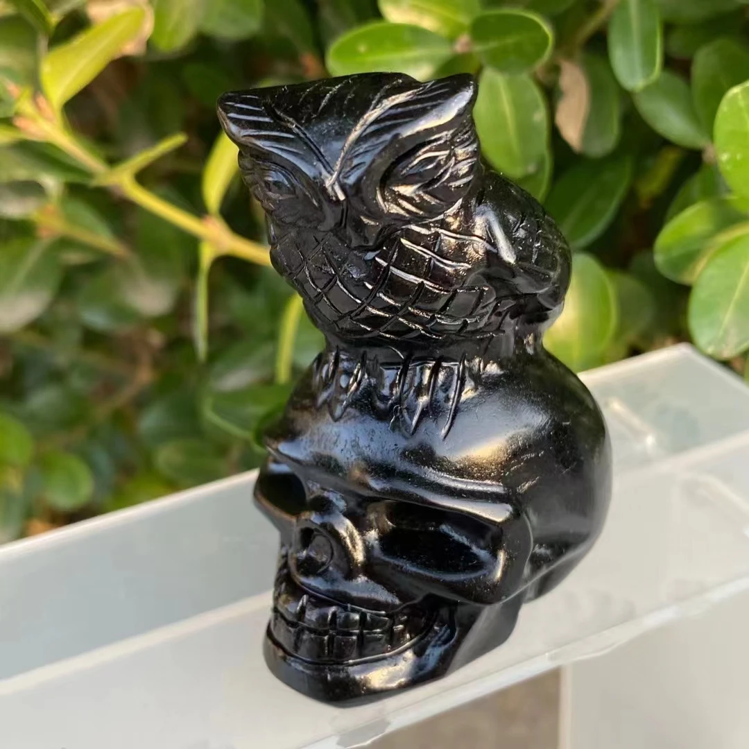 Skull Statue Natural Black Obsidian Stone Carved Healing Crystal Ornament Reiki Witchcraft Supplies Gemstone Chakra Decor