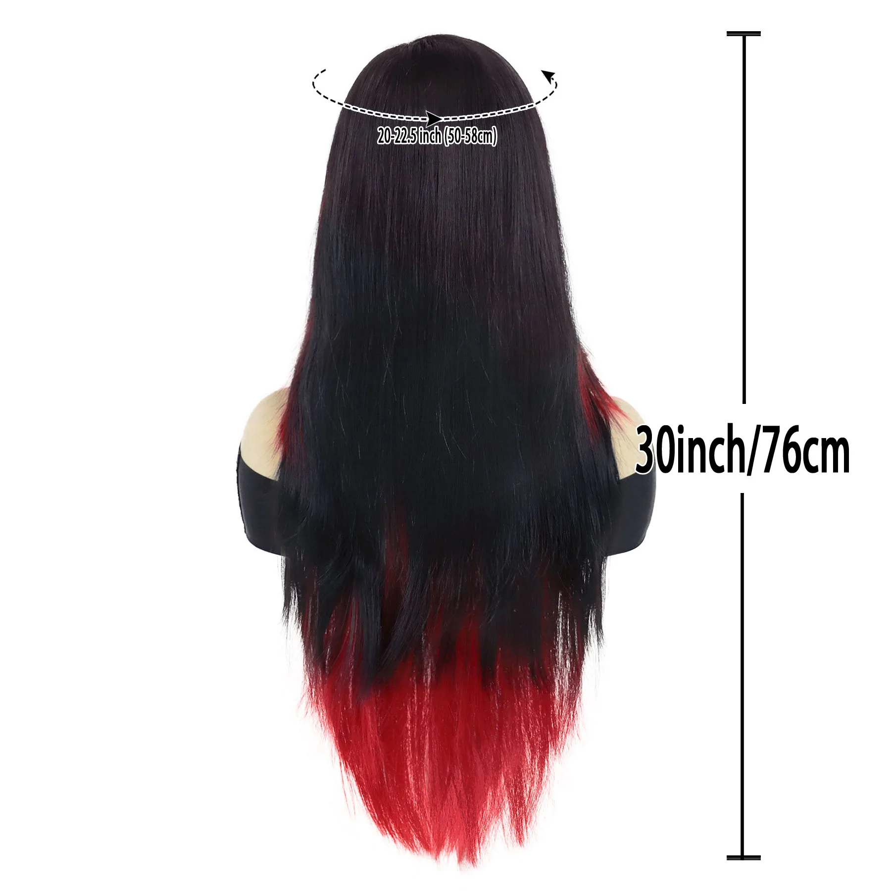 Parrucche rosse e nere per donna Parrucca sintetica lunga diritta da 30 pollici con frangia Parrucca di scena Stile gotico Miscela di due colori Festa a tema Emo