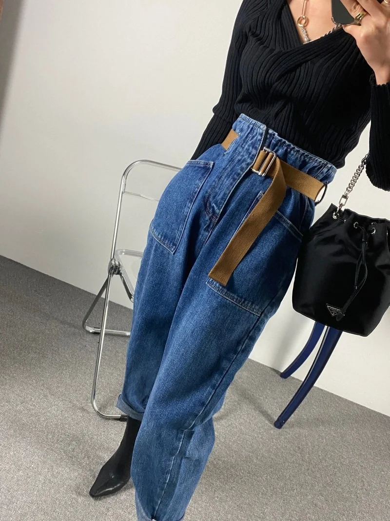 

Fashion Vintage Mom Jean Loose Washed Denim Trousers Women Korean High Waist Ankle Length Baggy Belted Harem Jeans Pants