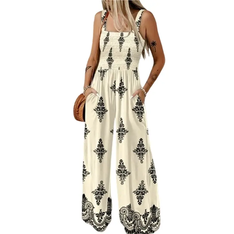 

Женский повседневный свободный комбинезон CYL с цветочным принтом, квадратным вырезом, присборенными брюками и карманами