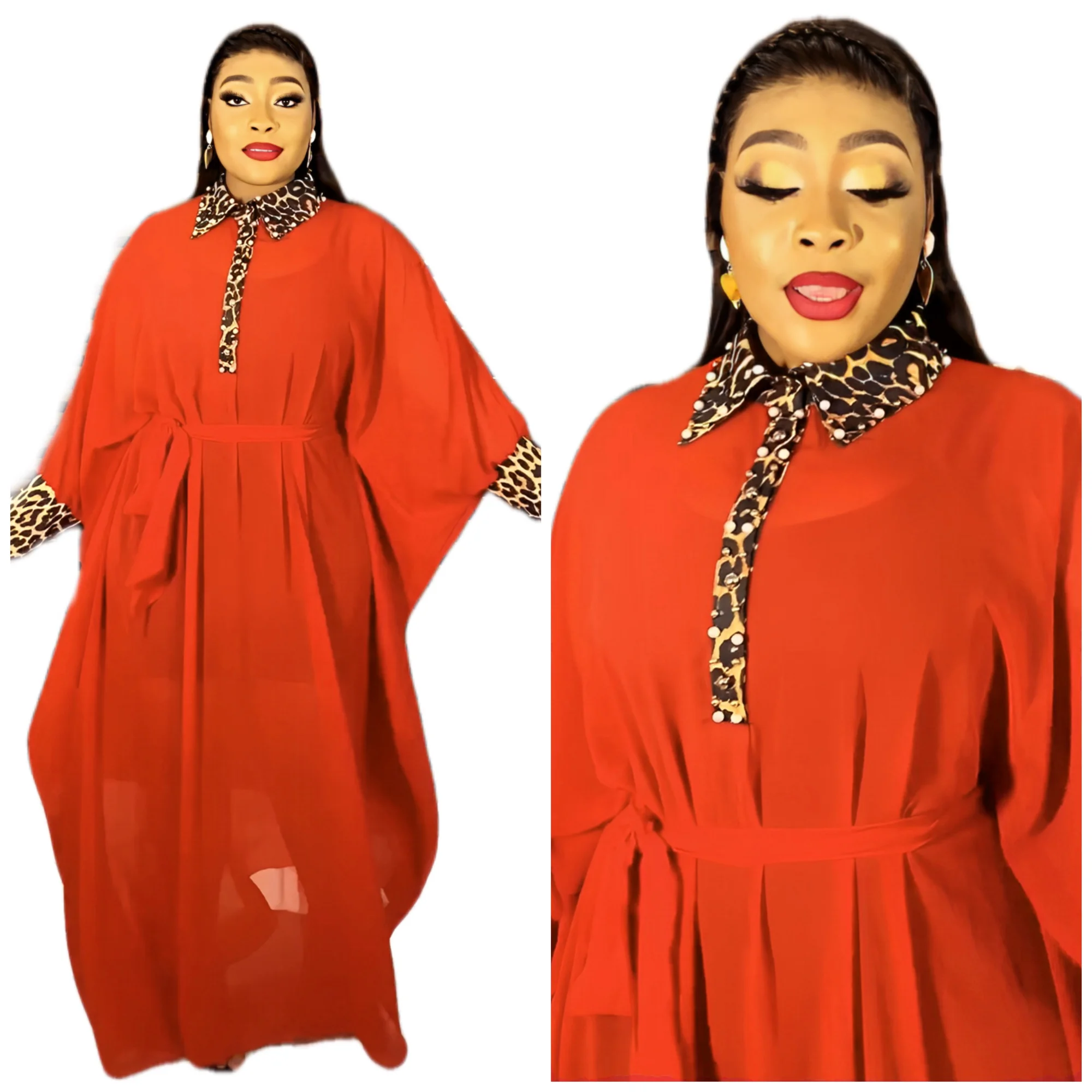 2-piece Set Chiffon Pearl Studded Leopard Print Collar Cuffs Oversized Waistband Waistband African Fashion Women\'s Long Dress