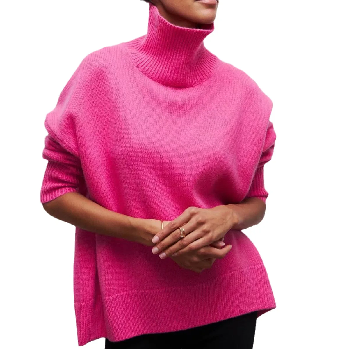 Original Light Luxury O-neck Knit Sweater Autumn And Winter Women\'s Elegant Loose Mock Neck Solid Color Warm Outerwear Sweater